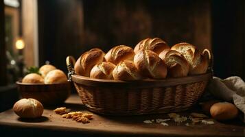 photo set of various bread on dark ambiance wooden table