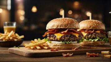 Still life of delicious american hamburger and french fries on wooden table photo