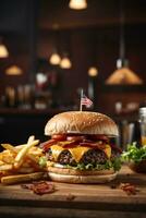 todavía vida de delicioso americano hamburguesa y francés papas fritas en de madera mesa foto