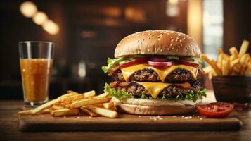 Still life of delicious american hamburger and french fries on wooden table photo