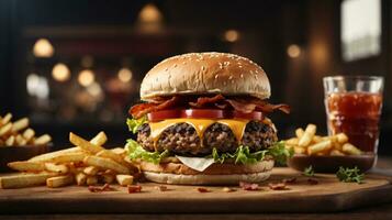 Still life of delicious american hamburger and french fries on wooden table photo