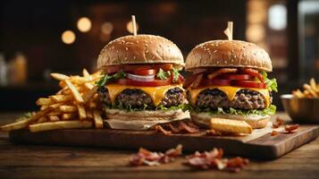 Still life of delicious american hamburger and french fries on wooden table photo