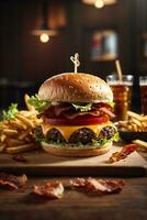 Still life of delicious american hamburger and french fries on wooden table photo