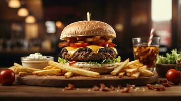 todavía vida de delicioso americano hamburguesa y francés papas fritas en de madera mesa foto