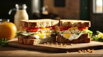 sandwich with mixed ingredients and french fries on a wooden board photo