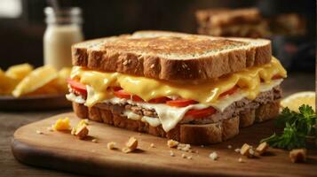 sandwich with mixed ingredients and french fries on a wooden board photo