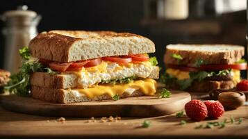 sandwich with mixed ingredients and french fries on a wooden board photo