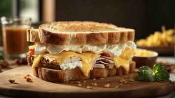 sandwich with mixed ingredients and french fries on a wooden board photo