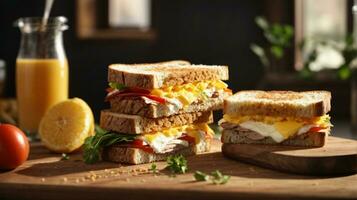 sandwich with mixed ingredients and french fries on a wooden board photo