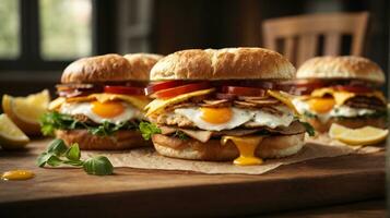 sandwich with mixed ingredients and french fries on a wooden board photo