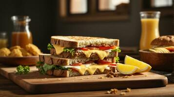 sandwich with mixed ingredients and french fries on a wooden board photo
