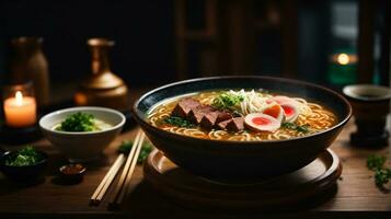 photo of ramen soup with noodles soft egg and chashu pork on a dark background