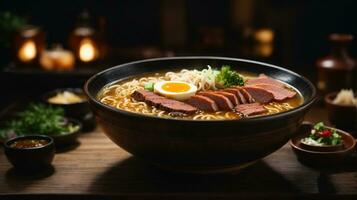 foto de ramen sopa con tallarines suave huevo y chashu Cerdo en un oscuro antecedentes