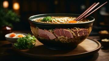 photo of ramen soup with noodles soft egg and chashu pork on a dark background