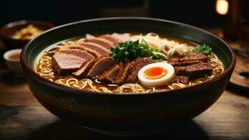 photo of ramen soup with noodles soft egg and chashu pork on a dark background