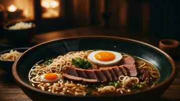 photo of ramen soup with noodles soft egg and chashu pork on a dark background