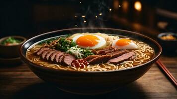 foto de ramen sopa con tallarines suave huevo y chashu Cerdo en un oscuro antecedentes