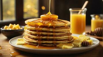 breakfast pancakes on plate with honey and berries photo