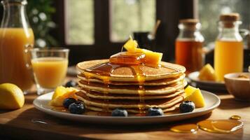 breakfast pancakes on plate with honey and berries photo