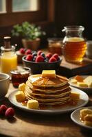 breakfast pancakes on plate with honey and berries photo