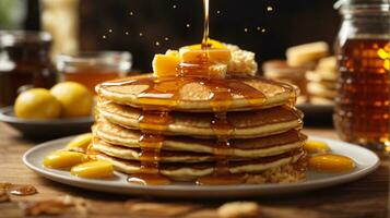 breakfast pancakes on plate with honey and berries photo