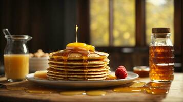 breakfast pancakes on plate with honey and berries photo