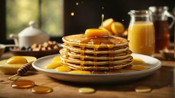 breakfast pancakes on plate with honey and berries photo