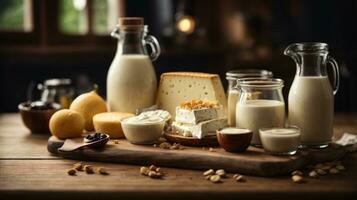 photo variety of dairy products on wooden table