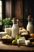 photo variety of dairy products on wooden table