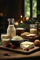 photo variety of dairy products on wooden table