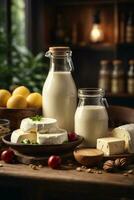 photo variety of dairy products on wooden table