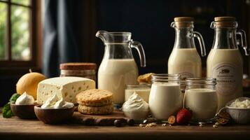 photo variety of dairy products on wooden table