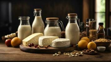 photo variety of dairy products on wooden table