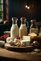 photo variety of dairy products on wooden table