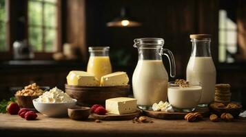 photo variety of dairy products on wooden table