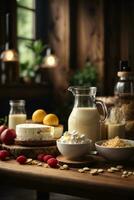 photo variety of dairy products on wooden table