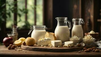 photo variety of dairy products on wooden table