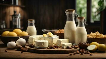 photo variety of dairy products on wooden table