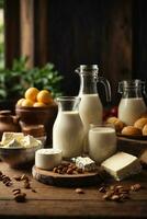 photo variety of dairy products on wooden table