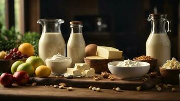 photo variety of dairy products on wooden table