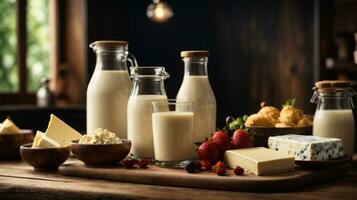 photo variety of dairy products on wooden table