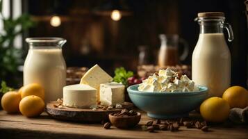 photo variety of dairy products on wooden table