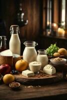 photo variety of dairy products on wooden table