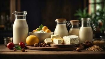 photo variety of dairy products on wooden table