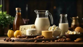 photo variety of dairy products on wooden table