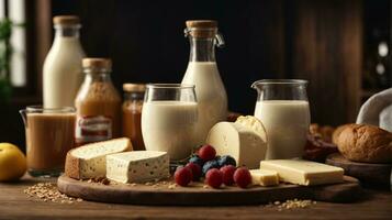 photo variety of dairy products on wooden table