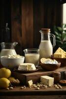 photo variety of dairy products on wooden table