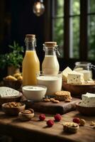 photo variety of dairy products on wooden table