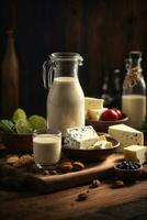 photo variety of dairy products on wooden table