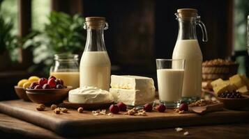 photo variety of dairy products on wooden table